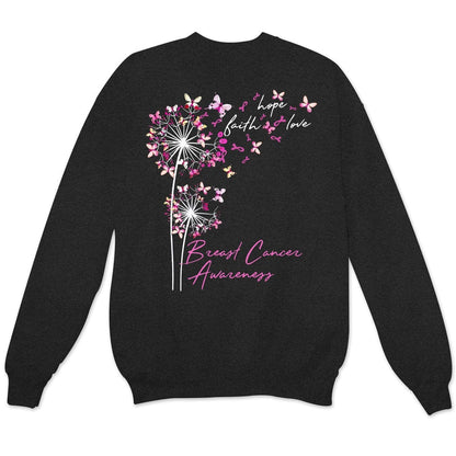Sudadera con capucha, camisetas y mensaje sobre el cáncer de mama, fe, esperanza y amor con mariposa y diente de león