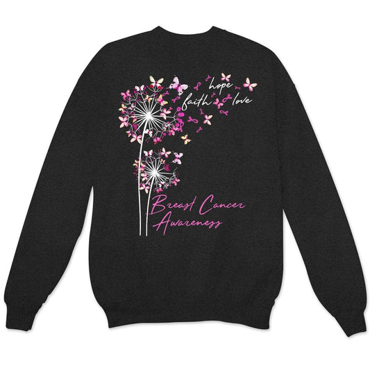 Sudadera con capucha, camisas y mensaje sobre el cáncer de mama, fe, esperanza y amor con mariposa y diente de león