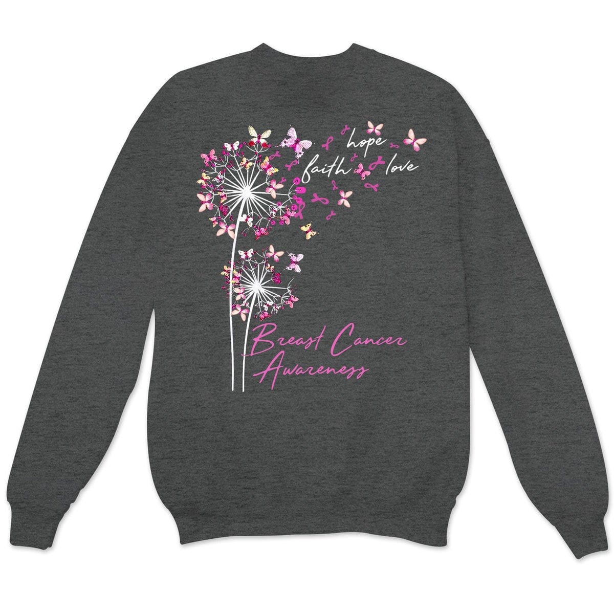 Sudadera con capucha, camisetas y mensaje sobre el cáncer de mama, fe, esperanza y amor con mariposa y diente de león