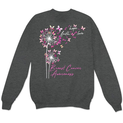 Sudadera con capucha, camisas y mensaje sobre el cáncer de mama, fe, esperanza y amor con mariposa y diente de león