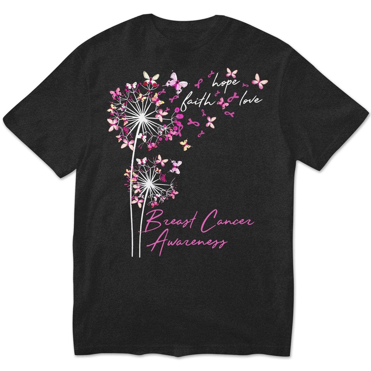 Sudadera con capucha, camisas y mensaje sobre el cáncer de mama, fe, esperanza y amor con mariposa y diente de león