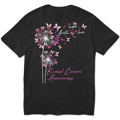 Sudadera con capucha, camisas y mensaje sobre el cáncer de mama, fe, esperanza y amor con mariposa y diente de león
