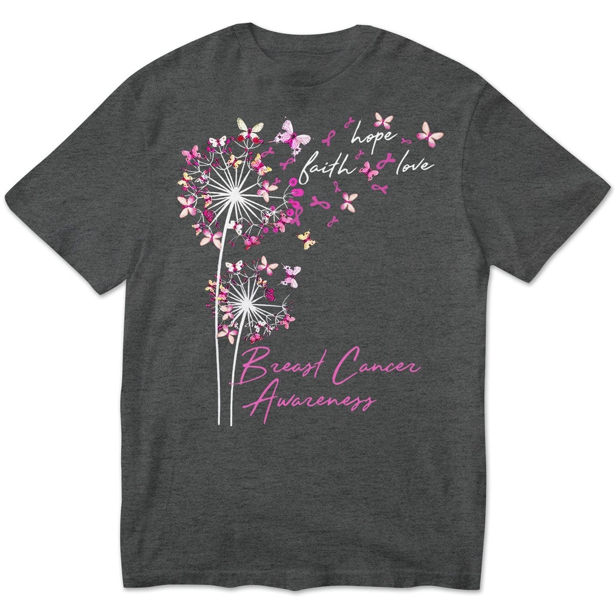 Sudadera con capucha, camisas y mensaje sobre el cáncer de mama, fe, esperanza y amor con mariposa y diente de león