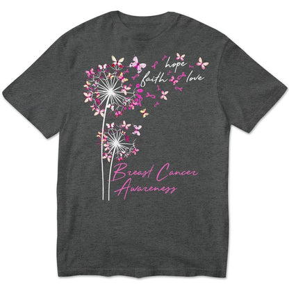 Sudadera con capucha, camisas y mensaje sobre el cáncer de mama, fe, esperanza y amor con mariposa y diente de león