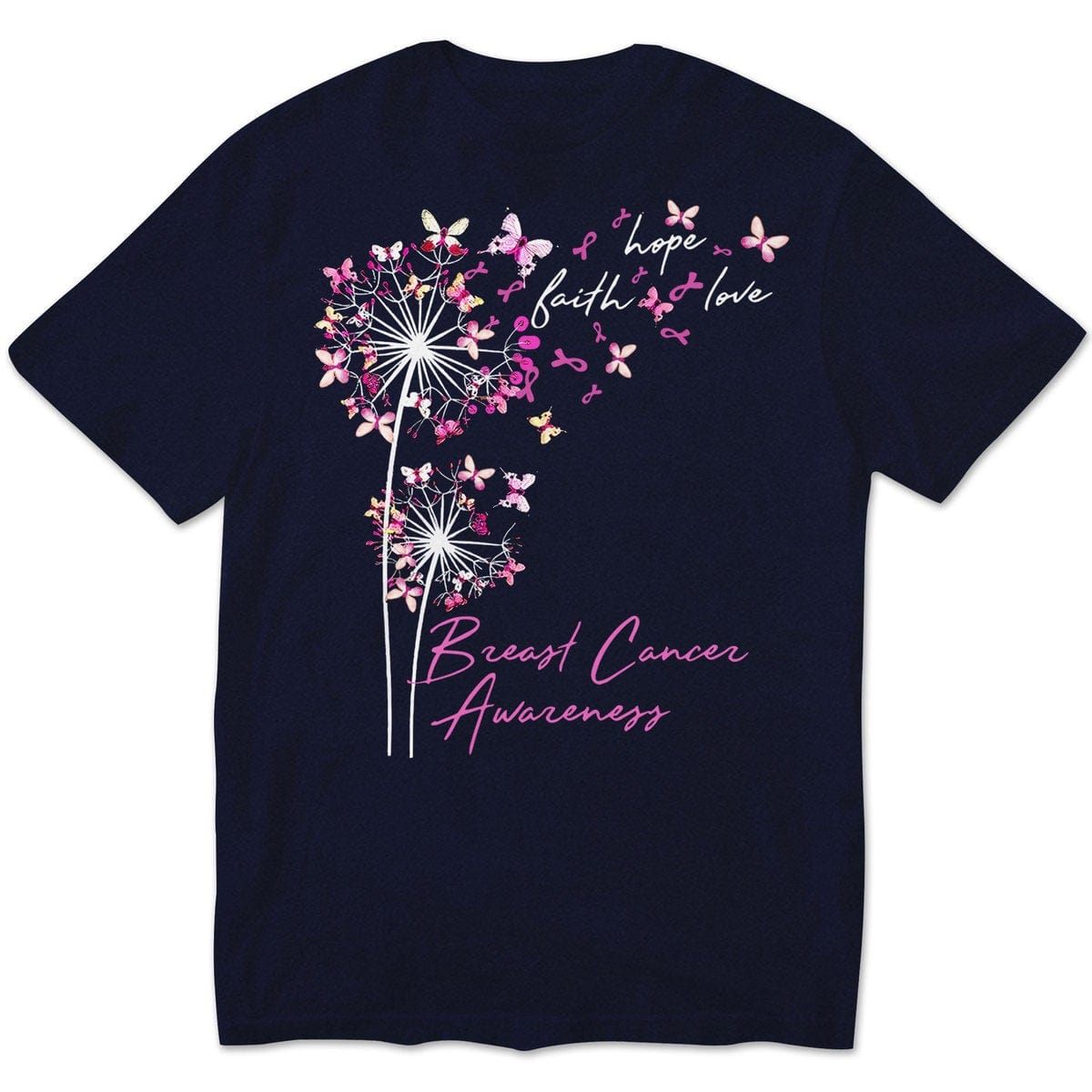 Sudadera con capucha, camisetas y mensaje sobre el cáncer de mama, fe, esperanza y amor con mariposa y diente de león