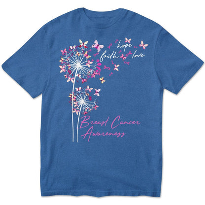 Sudadera con capucha, camisas y mensaje sobre el cáncer de mama, fe, esperanza y amor con mariposa y diente de león