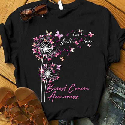 Sudadera con capucha, camisetas y mensaje sobre el cáncer de mama, fe, esperanza y amor con mariposa y diente de león