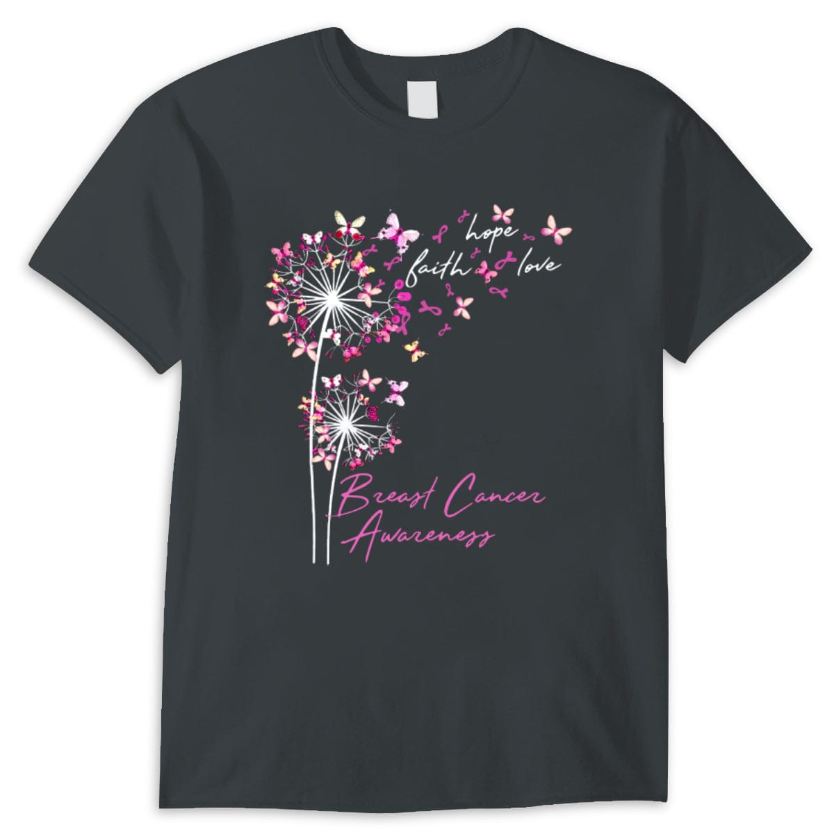 Camisetas de fe, esperanza y amor con mariposa rosa y diente de león contra el cáncer de mama