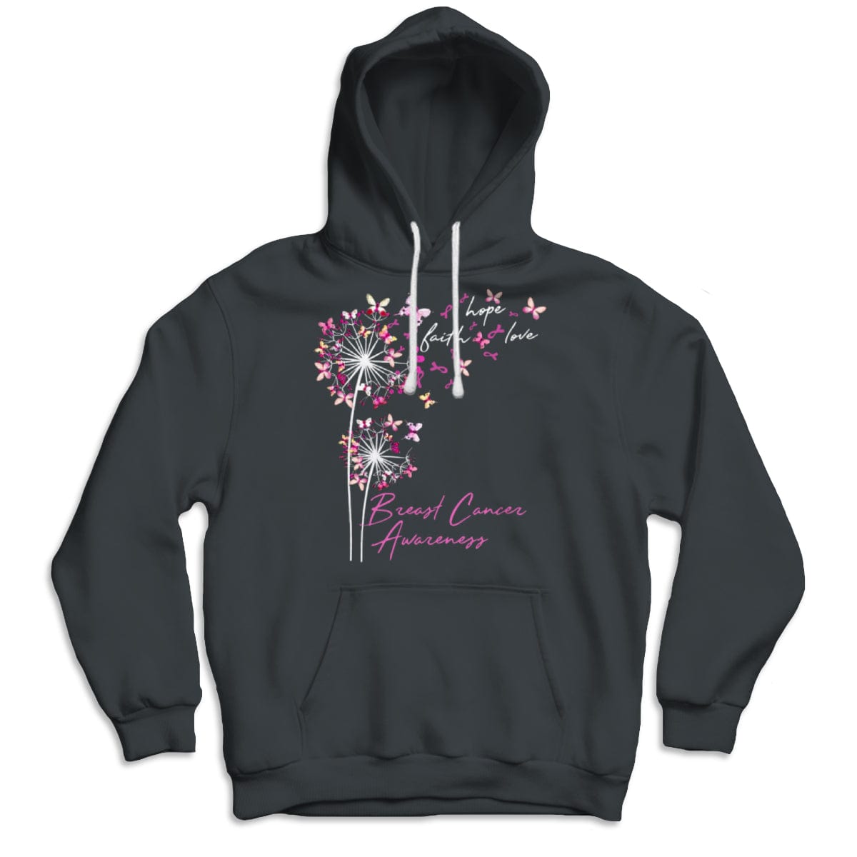 Camisetas de fe, esperanza y amor con mariposa rosa y diente de león contra el cáncer de mama