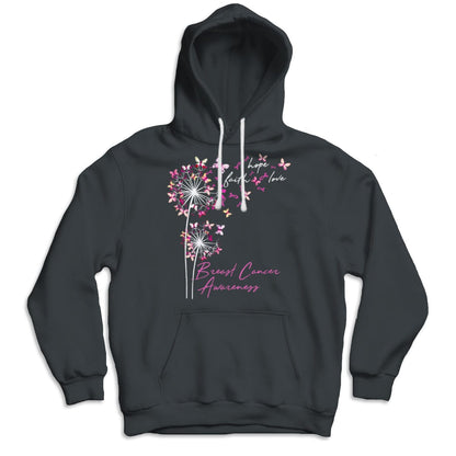 Camisetas de fe, esperanza y amor con mariposa rosa y diente de león contra el cáncer de mama
