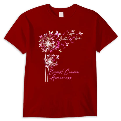 Camisetas de fe, esperanza y amor con mariposa rosa y diente de león contra el cáncer de mama