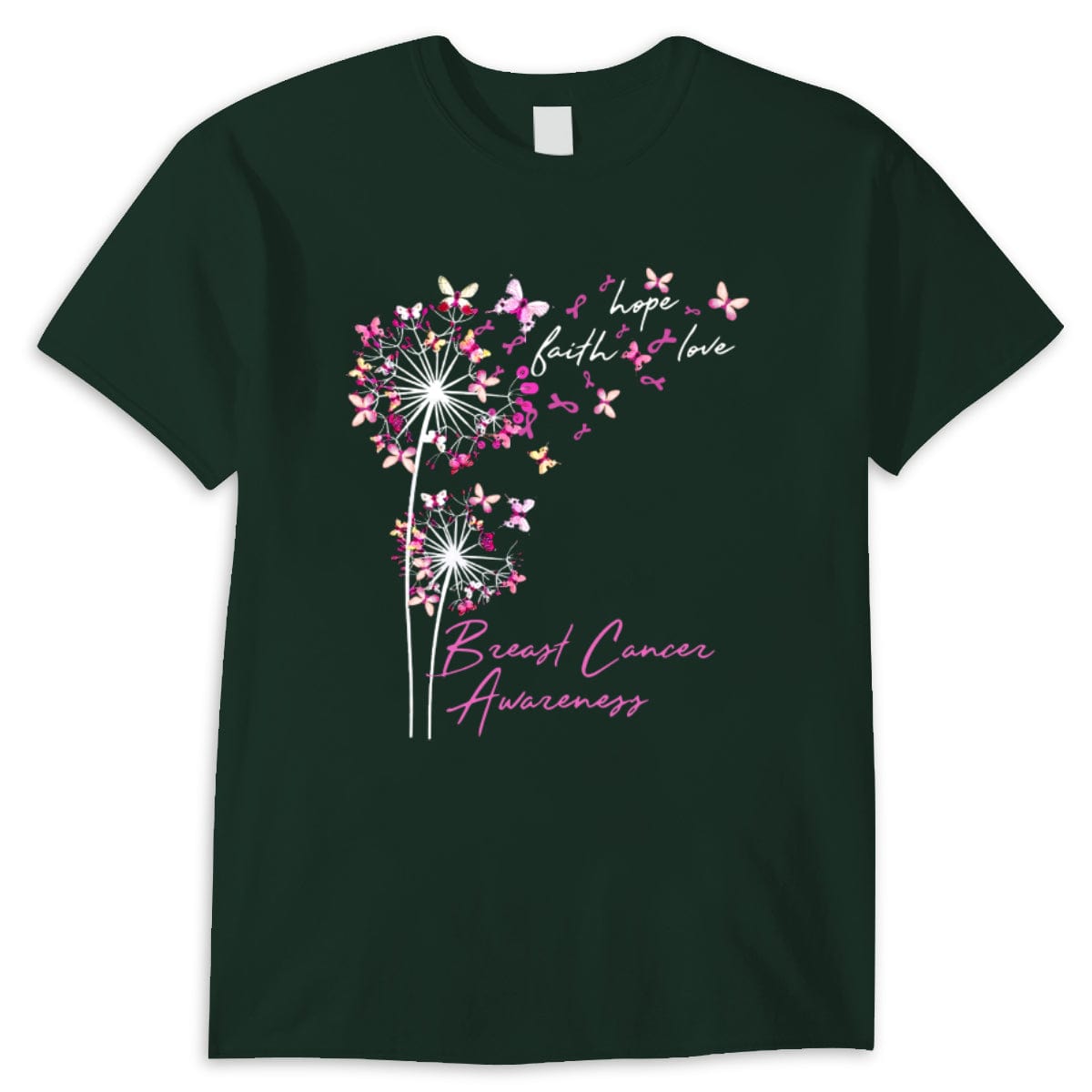 Camisetas de fe, esperanza y amor con mariposa rosa y diente de león contra el cáncer de mama