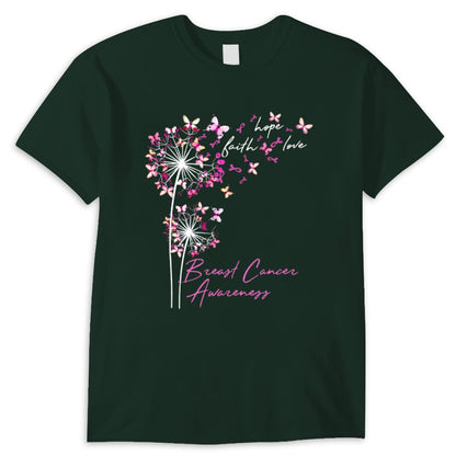 Camisetas de fe, esperanza y amor con mariposa rosa y diente de león contra el cáncer de mama