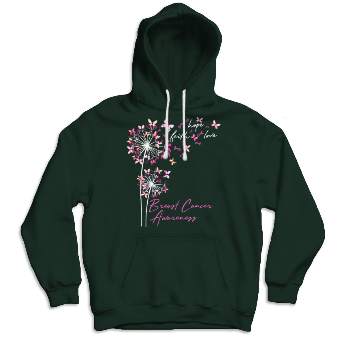 Camisetas de fe, esperanza y amor con mariposa rosa y diente de león contra el cáncer de mama
