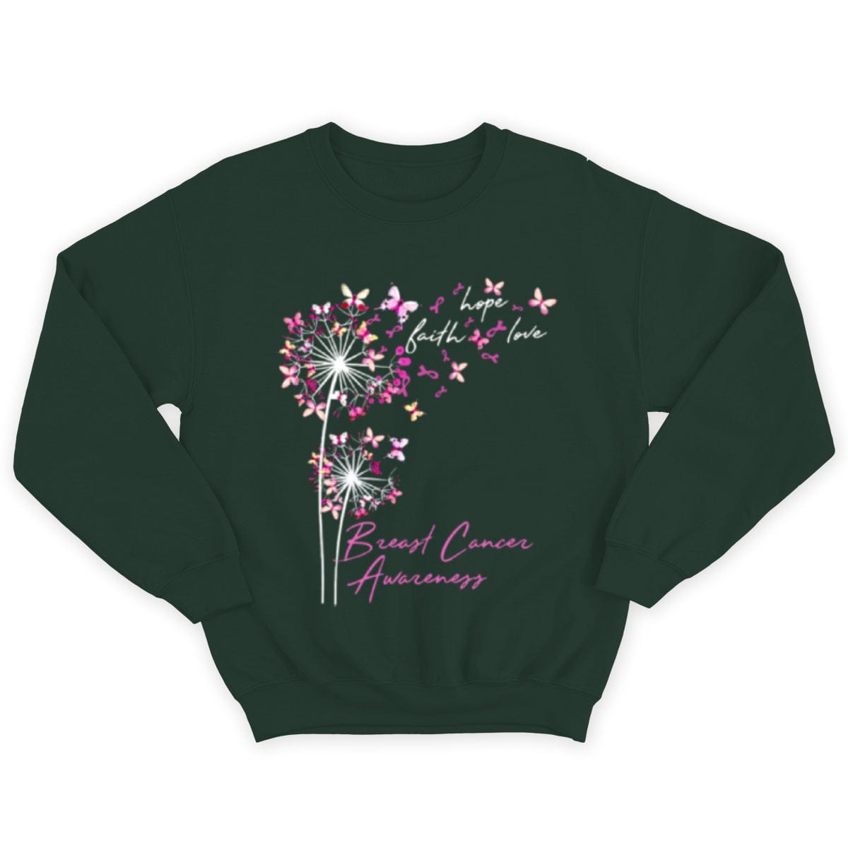 Camisetas de fe, esperanza y amor con mariposa rosa y diente de león contra el cáncer de mama