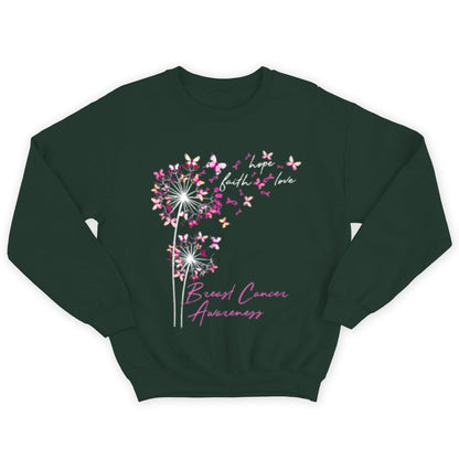 Camisetas de fe, esperanza y amor con mariposa rosa y diente de león contra el cáncer de mama