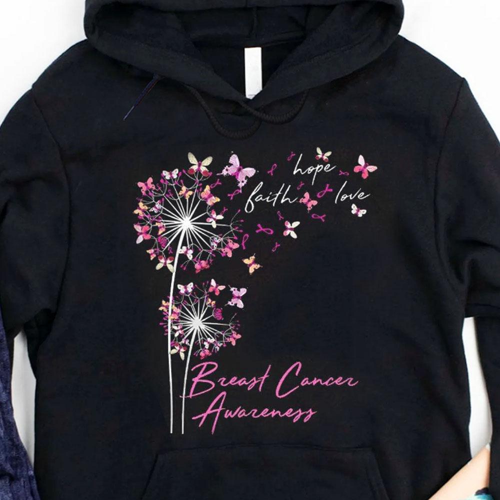 Sudadera con capucha y camiseta con mensaje "Fe, esperanza, amor" y "mariposa, diente de león, cáncer de mama"