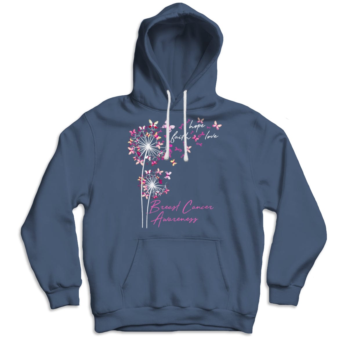 Camisetas de fe, esperanza y amor con mariposa rosa y diente de león contra el cáncer de mama