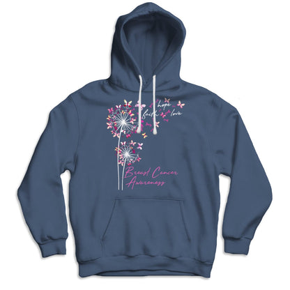 Camisetas de fe, esperanza y amor con mariposa rosa y diente de león contra el cáncer de mama