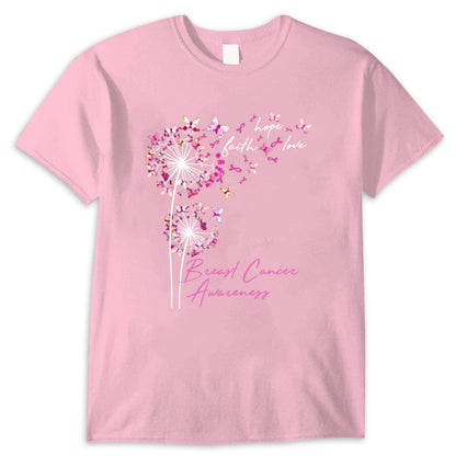 Camisetas de fe, esperanza y amor con mariposa rosa y diente de león contra el cáncer de mama