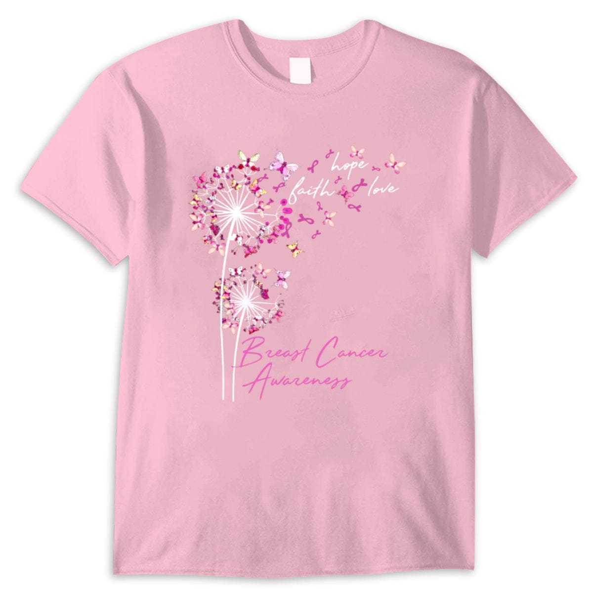 Faith Hope Love With Pink Butterfly Dandelion Breast Cancer Shirts