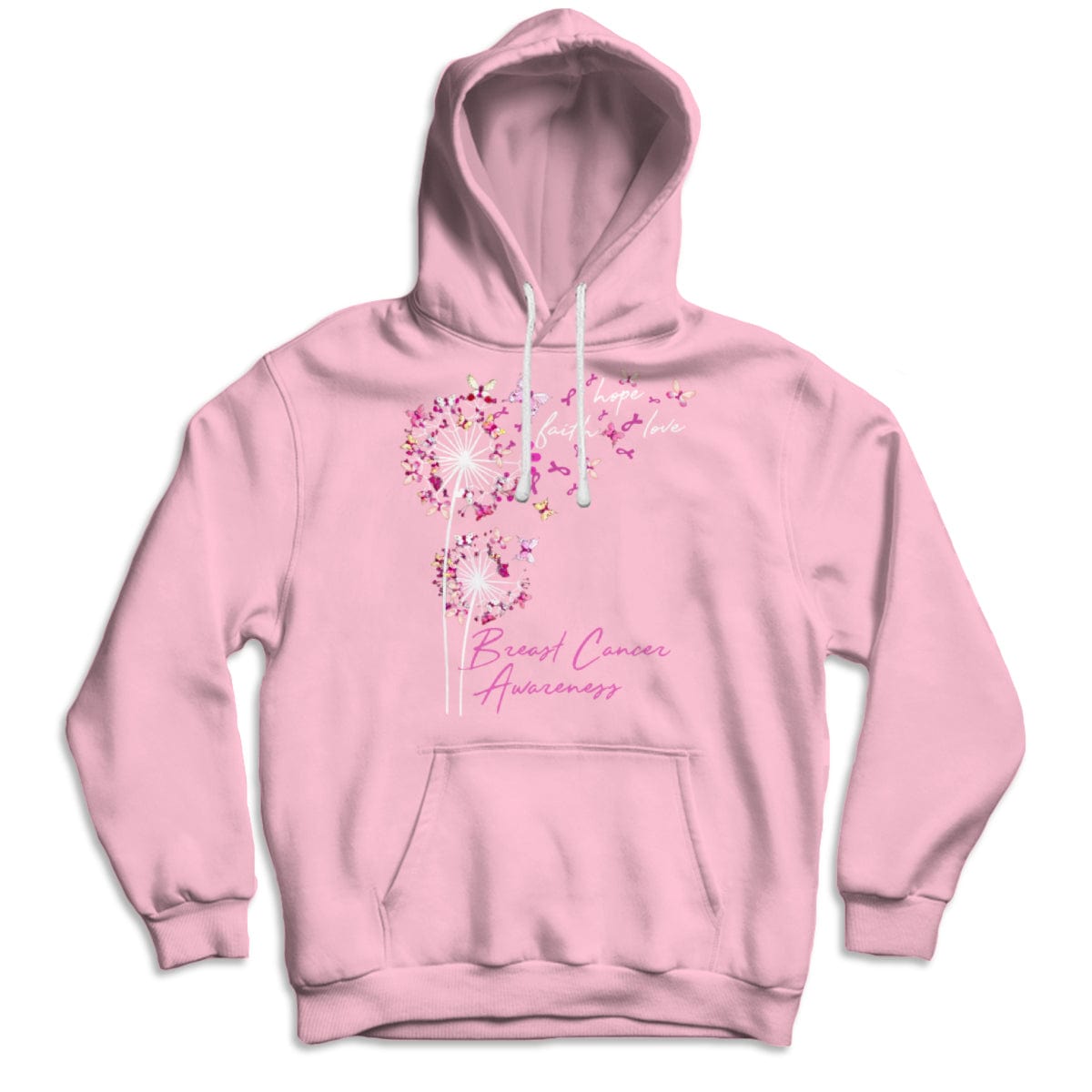 Camisetas de fe, esperanza y amor con mariposa rosa y diente de león contra el cáncer de mama
