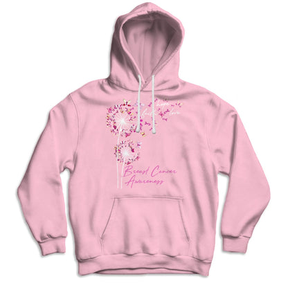 Camisetas de fe, esperanza y amor con mariposa rosa y diente de león contra el cáncer de mama
