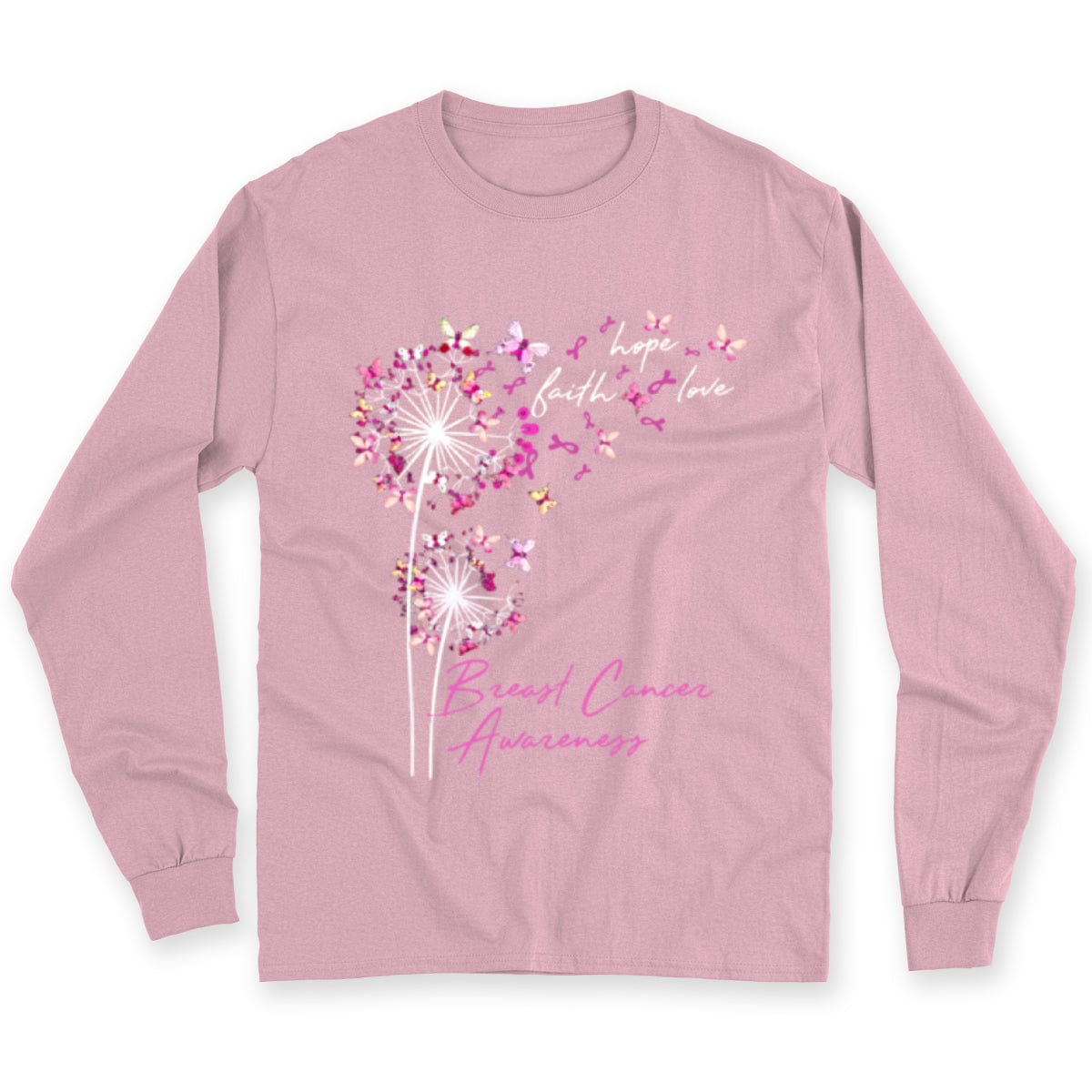Camisetas de fe, esperanza y amor con mariposa rosa y diente de león contra el cáncer de mama