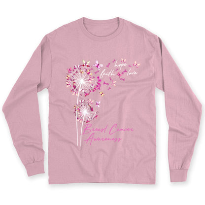 Camisetas de fe, esperanza y amor con mariposa rosa y diente de león contra el cáncer de mama