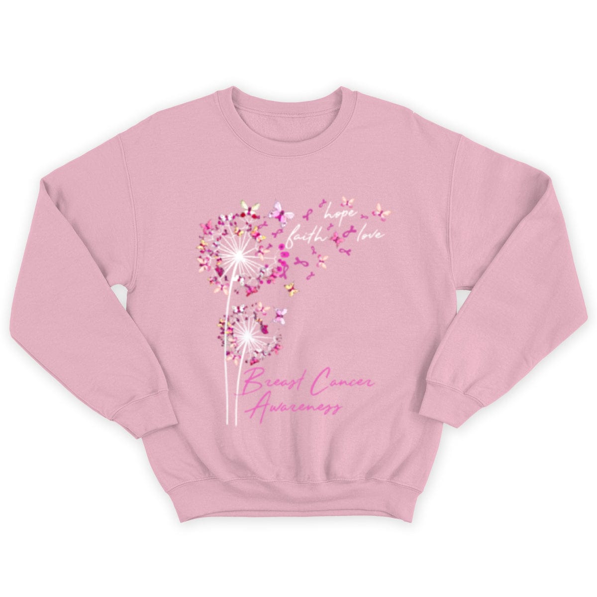 Camisetas de fe, esperanza y amor con mariposa rosa y diente de león contra el cáncer de mama