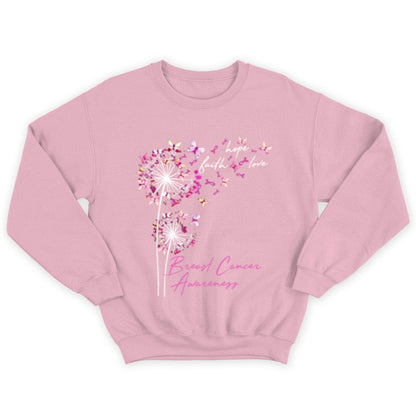 Camisetas de fe, esperanza y amor con mariposa rosa y diente de león contra el cáncer de mama