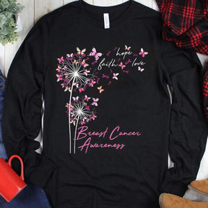 Faith Hope Love With Butterfly Dandelion Breast Cancer Hoodie, Shirt