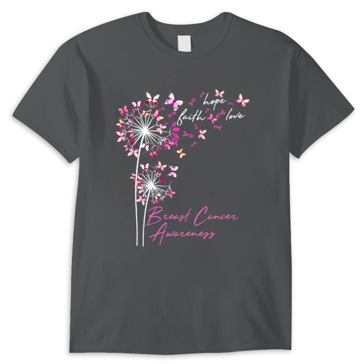 Camisetas de fe, esperanza y amor con mariposa rosa y diente de león contra el cáncer de mama
