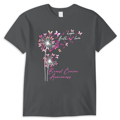 Camisetas de fe, esperanza y amor con mariposa rosa y diente de león contra el cáncer de mama