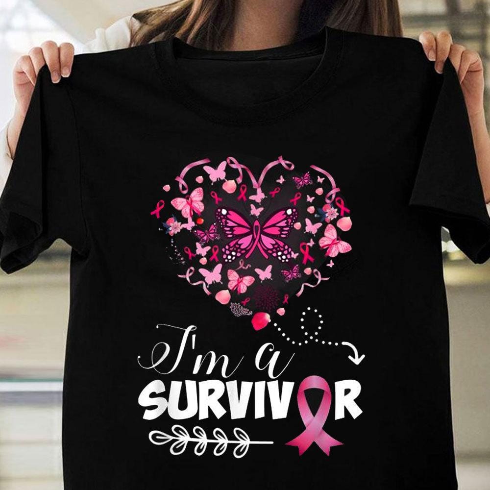 Soy una superviviente con lazo rosa y corazón de mariposa, camisetas contra el cáncer de mama