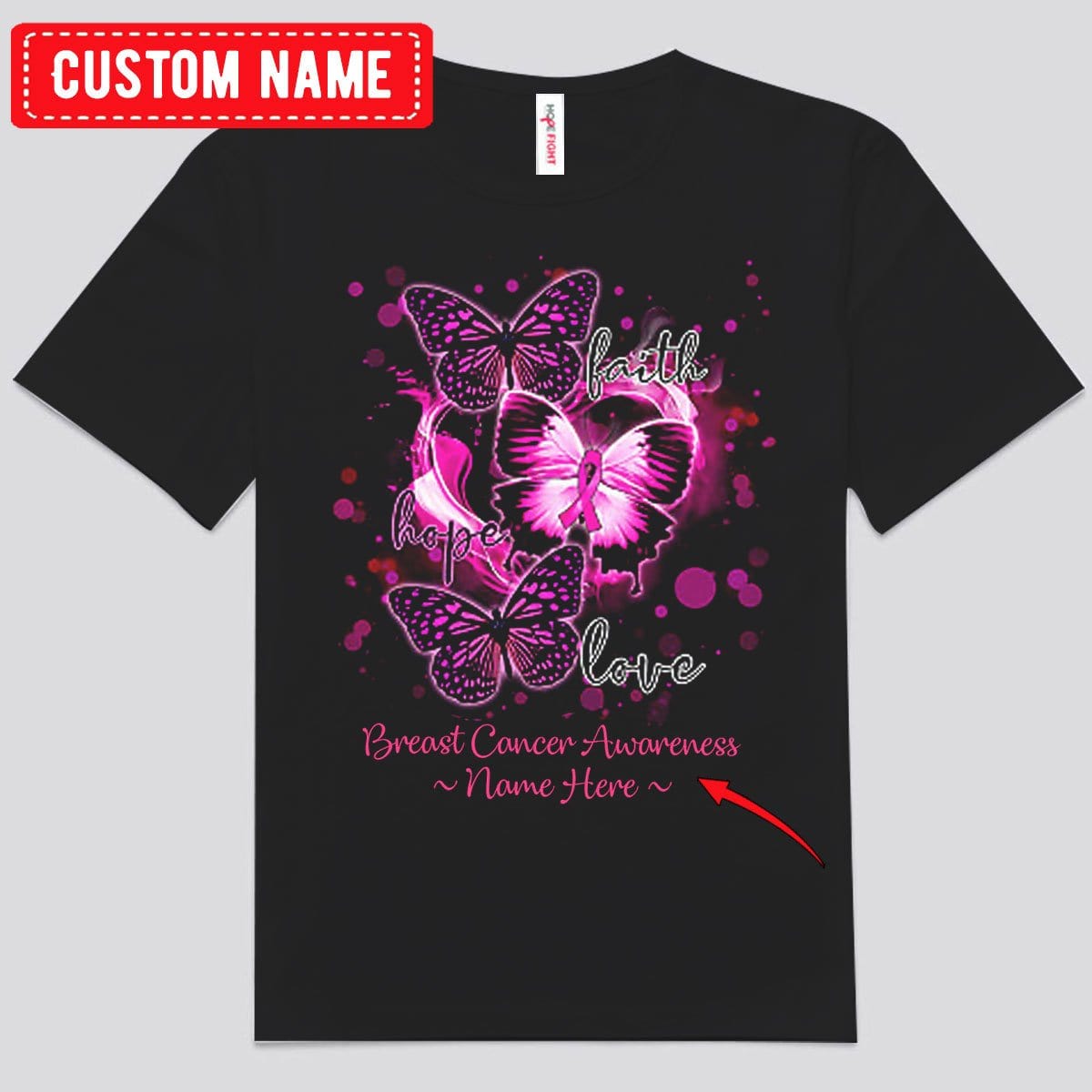 Camisetas personalizadas de mariposas con mensaje de fe, esperanza y amor contra el cáncer de mama