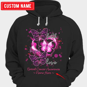 Camisetas personalizadas de mariposas con mensaje de fe, esperanza y amor contra el cáncer de mama