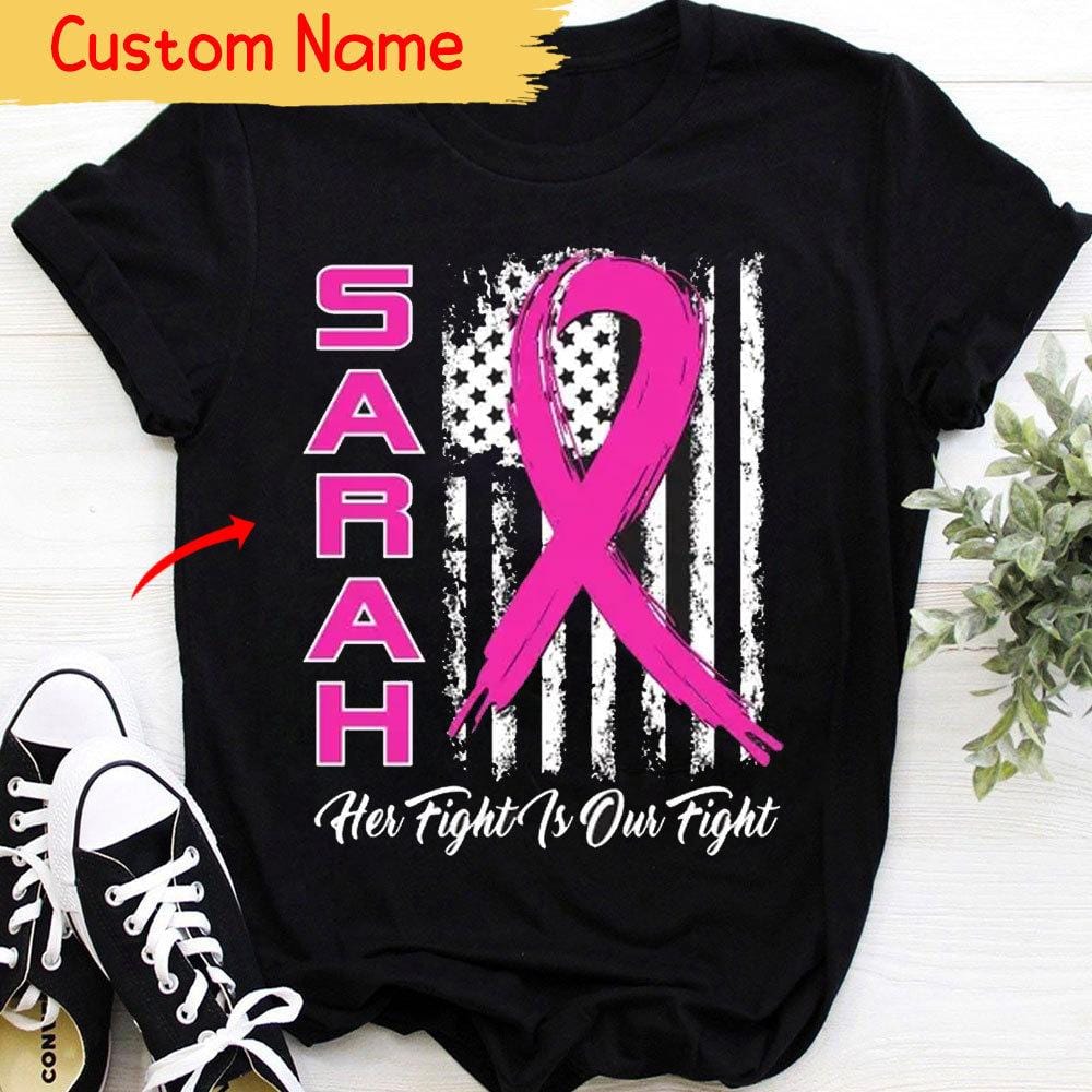 Su lucha es nuestra lucha, bandera estadounidense con lazo rosa, camisetas personalizadas contra el cáncer de mama