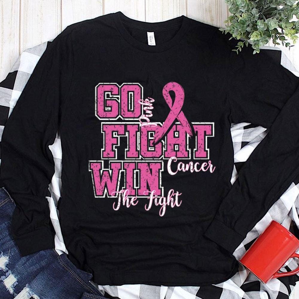 Go Fight Win With Pink Ribbon, Breast Cancer Shirts