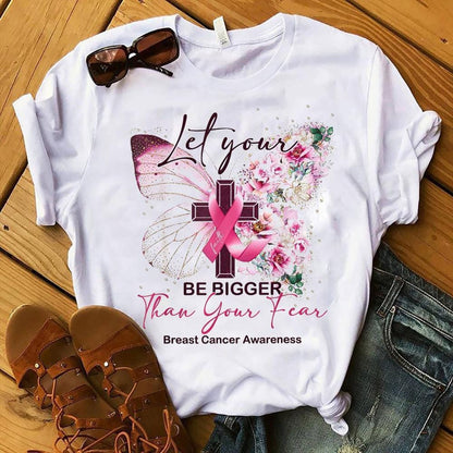 Deja que tu fe sea más grande que tu miedo con la mariposa de lazo rosa y camisetas contra el cáncer de mama