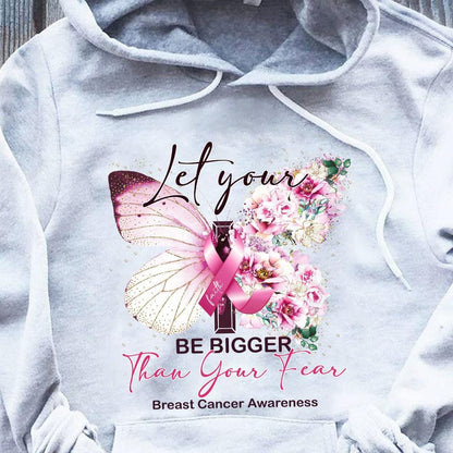 Deja que tu fe sea más grande que tu miedo con la mariposa de lazo rosa y camisetas contra el cáncer de mama