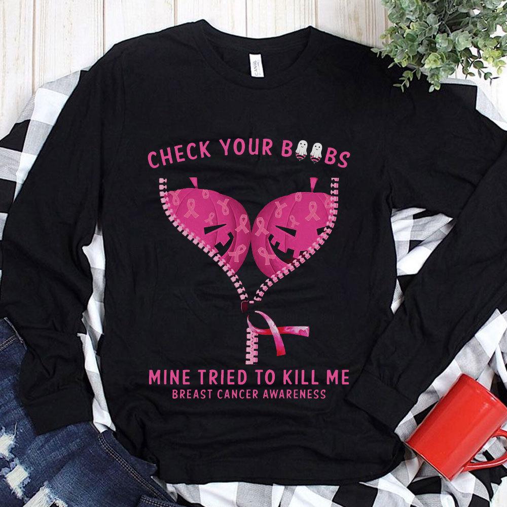 Check Your Boobs With Pumpkins, Halloween Breast Cancer Shirts