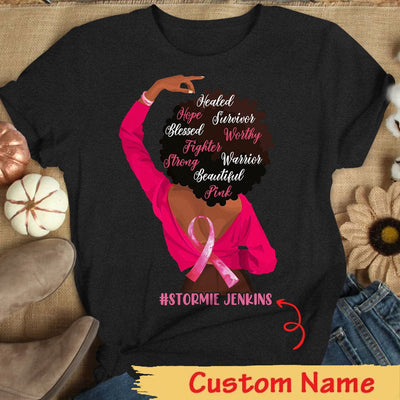 Fighter Strong With Pink Ribbon Woman, Personalized Breast Cancer Shirts