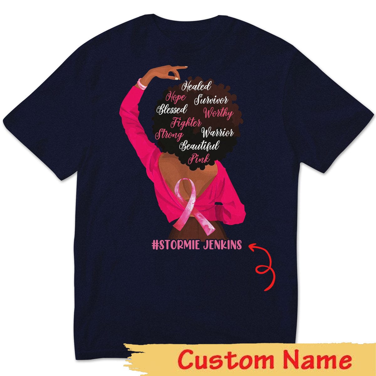 Fighter Strong With Pink Ribbon Woman, Personalized Breast Cancer Shirts