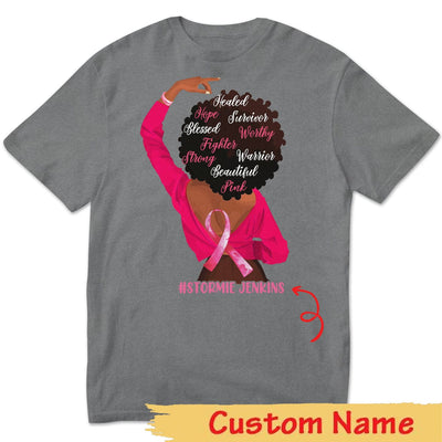 Fighter Strong With Pink Ribbon Woman, Personalized Breast Cancer Shirts