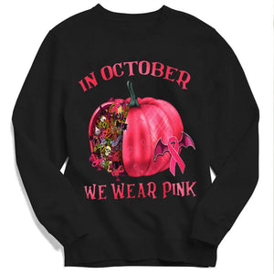 En octubre vestimos de rosa con calabaza, sudadera con capucha y camiseta contra el cáncer de mama en Halloween