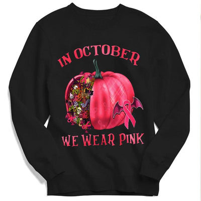 In October We Wear Pink With Pumpkin, Halloween Breast Cancer Hoodie, Shirt