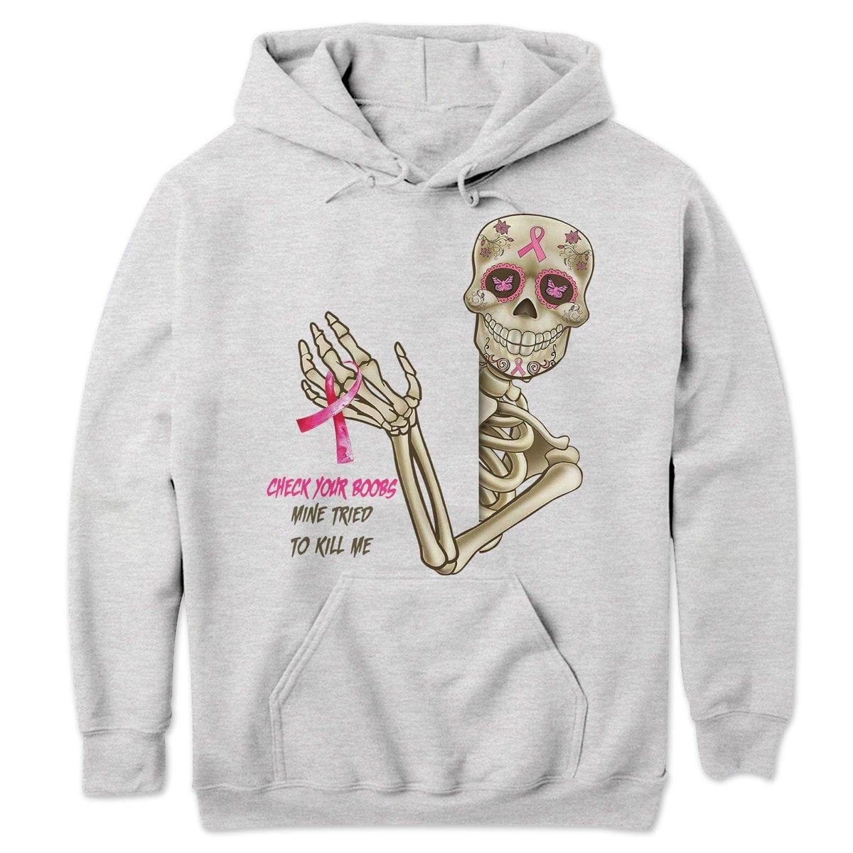 Revisa tus senos. La mía intentó matarme. Camisetas de esqueletos sobre cáncer de mama.