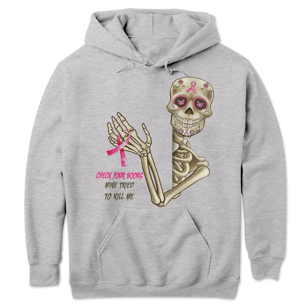 Revisa tus senos. La mía intentó matarme. Camisetas de esqueletos sobre cáncer de mama.