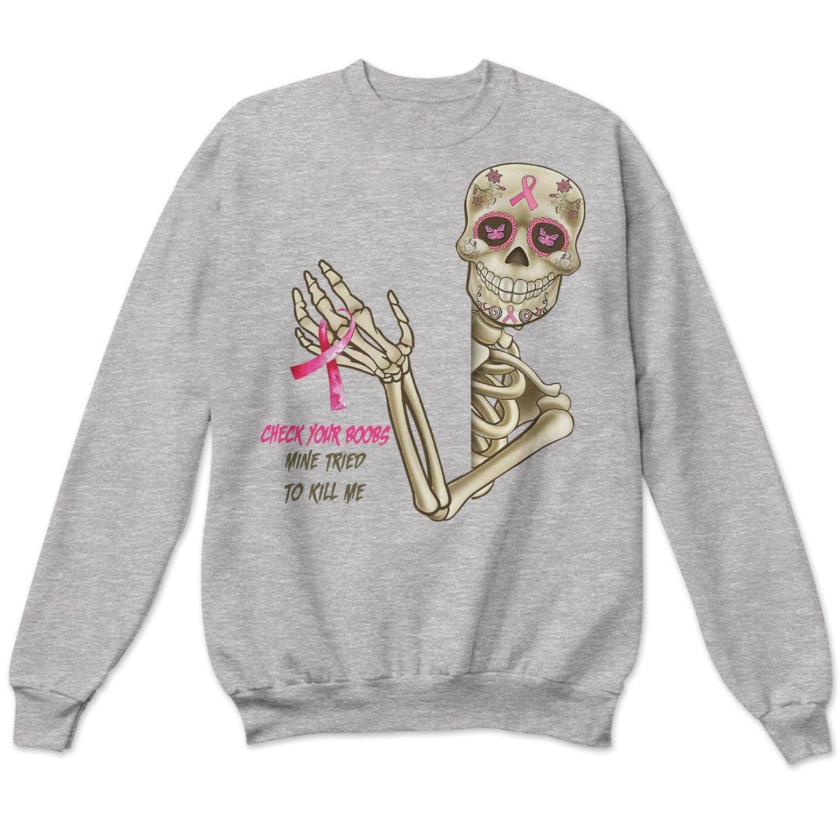 Revisa tus senos. La mía intentó matarme. Camisetas de esqueletos sobre cáncer de mama.